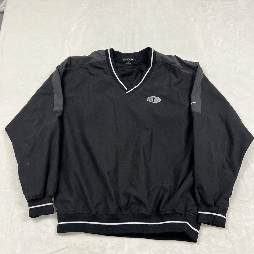 Nike Golf Windbreaker Pullover Mens L Black V-Neck Mesh Lined Stripe Trim